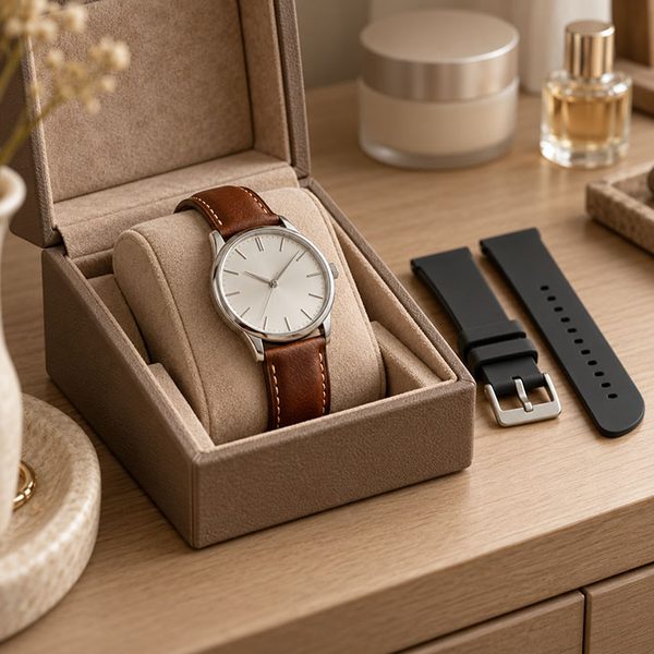 Uhr mit Lederarmband in einer Uhrenbox, daneben ein Silikonband und Kosmetik Uhr mit Lederarmband in einer Uhrenbox, daneben ein Silikonband und Kosmetik