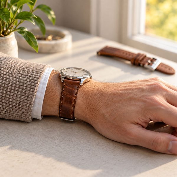 Uhr mit braunem Lederarmband am Handgelenk, daneben ein Ersatzband Uhr mit braunem Lederarmband am Handgelenk, daneben ein Ersatzband