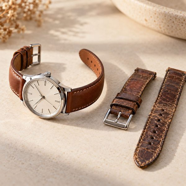 Neues und abgenutztes braunes Lederarmband im Vergleich Neues und abgenutztes braunes Lederarmband im Vergleich