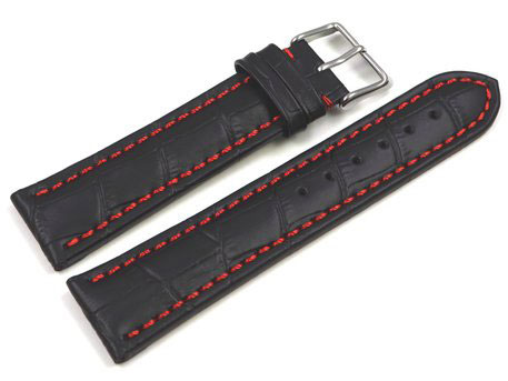 Uhrenarmband Leder Kroko Praegung schwarz mit rote Naht