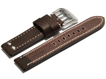 Uhrenarmband - extra stark - Leder - Vintage - 2 Nieten - dunkelbraun 20mm