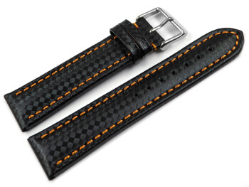 Uhrenarmband - Leder - Carbon Prägung - schwarz - orange Naht - 18mm Gold