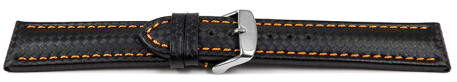 Uhrenarmband - Leder - Carbon Prägung - schwarz - orange Naht - 20mm Stahl