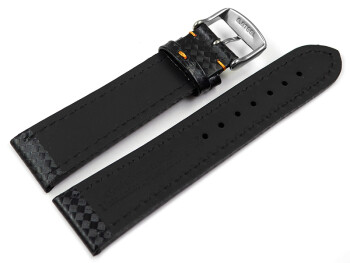 Uhrenarmband - Leder - Carbon Prägung - schwarz - orange Naht - 20mm Stahl