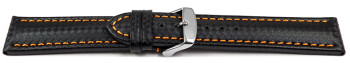 Uhrenarmband - Leder - Carbon Prägung - schwarz - orange Naht - 20mm Gold