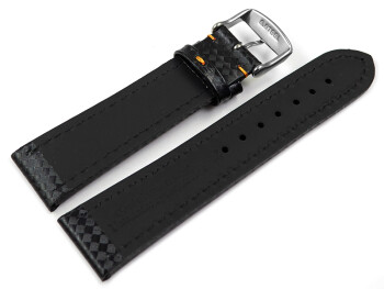 Uhrenarmband - Leder - Carbon Prägung - schwarz - orange Naht - 20mm Gold