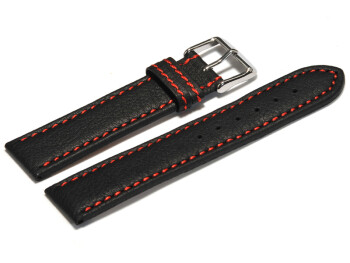 Uhrenarmband - Leder - schwarz - rote Naht - 18mm Stahl