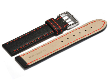 Uhrenarmband - Leder - schwarz - rote Naht - 20mm Stahl