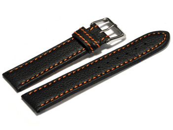 Uhrenarmband - Leder - schwarz - orange Naht - 20mm Stahl