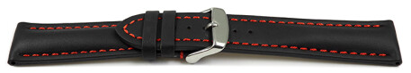 Uhrenarmband - Leder - stark gepolstert - glatt schwarz - rote Naht 20mm Stahl
