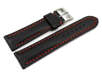 Uhrenarmband - Leder - stark gepolstert - glatt schwarz - rote Naht 20mm Stahl