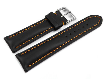 Uhrenarmband - Leder - stark gepolstert - glatt schwarz - orange Naht 18mm Gold