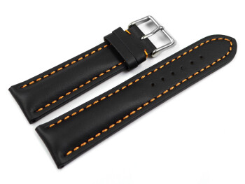 Uhrenarmband - Leder - stark gepolstert - glatt schwarz - orange Naht 22mm Stahl