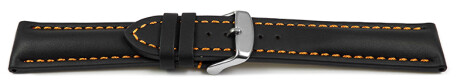 Uhrenarmband - Leder - stark gepolstert - glatt schwarz - orange Naht 22mm Gold