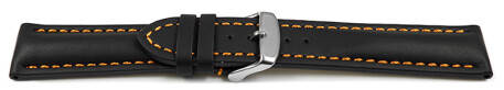 Uhrenarmband - Leder - stark gepolstert - glatt schwarz - orange Naht 24mm Gold