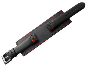 Uhrenarmband - Leder - Voll-Unterlage - schwarz / rote Naht 18mm Stahl