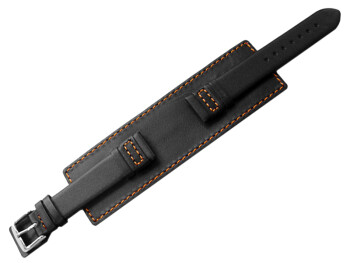 Uhrenarmband - Leder - Voll-Unterlage - schwarz / orange Naht 22mm Stahl