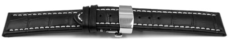 Uhrenarmband mit Butterfly Schließe Leder Kroko schwarz mit weißer Naht 18mm 20mm 22mm 24mm