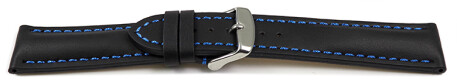 Uhrenarmband - Leder - stark gepolstert - glatt schwarz - blaue Naht 22mm Stahl