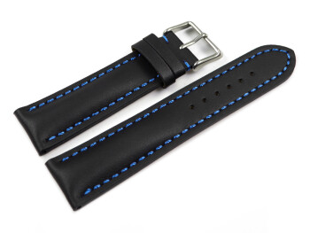 Uhrenarmband - Leder - stark gepolstert - glatt schwarz - blaue Naht 24mm Stahl