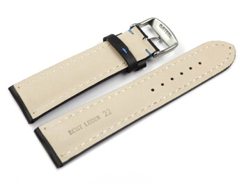 Uhrenarmband - Leder - stark gepolstert - glatt schwarz - blaue Naht 24mm Gold