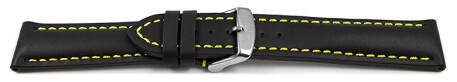 Uhrenarmband - Leder - stark gepolstert - glatt schwarz - gelbe Naht 20mm Stahl