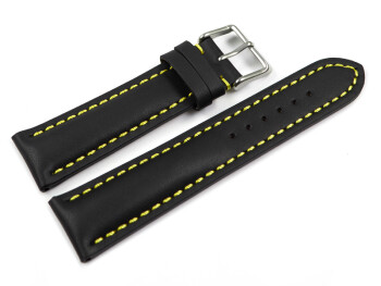 Uhrenarmband - Leder - stark gepolstert - glatt schwarz - gelbe Naht 24mm Stahl