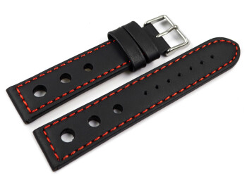 Uhrenarmband - Leder - gelocht - schwarz rote Naht 20mm Stahl