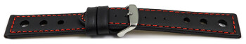 Uhrenarmband - Leder - gelocht - schwarz rote Naht 22mm Stahl