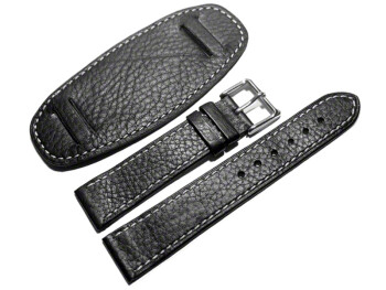 Uhrenarmband - Leder - mit Unterlage - schwarz - weiße Naht 18mm Stahl