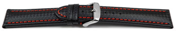 Uhrenarmband - Leder - Carbon Prägung - schwarz - rote Naht 18mm Stahl