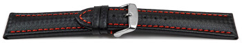Uhrenarmband - Leder - Carbon Prägung - schwarz - rote Naht 20mm Stahl
