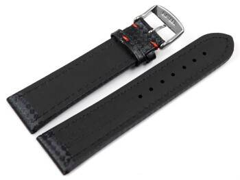 Uhrenarmband - Leder - Carbon Prägung - schwarz - rote Naht 20mm Stahl