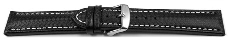 Uhrenarmband - Leder - Carbon Prägung - schwarz - weiße Naht 18mm Stahl