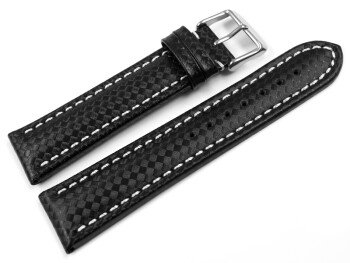 Uhrenarmband Leder Carbon Prägung schwarz weiße Naht 18mm Gold