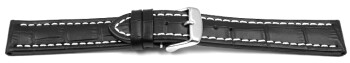 Uhrenarmband - gepolstert - Kroko Prägung - Leder -  schwarz - weiße Naht 20mm Stahl