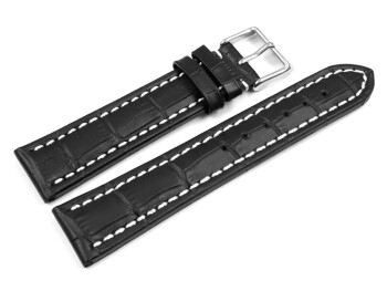 Uhrenarmband - gepolstert - Kroko Prägung - Leder -  schwarz - weiße Naht 24mm Stahl