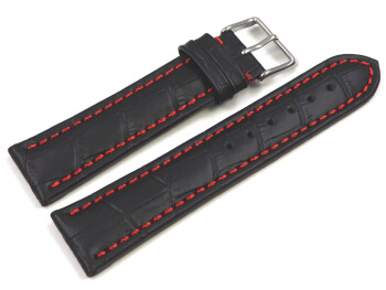 Uhrenarmband - gepolstert - Kroko Prägung - Leder - schwarz - rote Naht 18mm Stahl