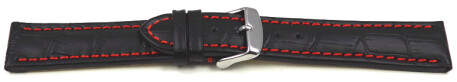 Uhrenarmband - gepolstert - Kroko Prägung - Leder - schwarz - rote Naht 22mm Stahl
