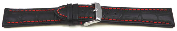 Uhrenarmband - gepolstert - Kroko Prägung - Leder - schwarz - rote Naht 24mm Stahl