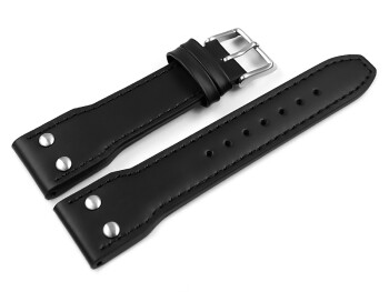 Uhrenarmband - Leder - glatt - schwarz - 2 Nieten - Vintage-Look 20mm Stahl