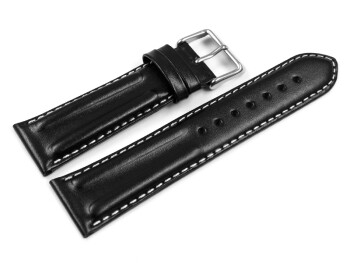 Uhrenarmband - echt Leder - doppelte Wulst - glatt - schwarz weiße Naht 20mm Stahl