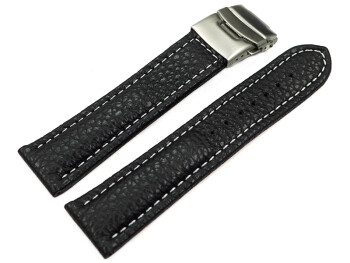 Faltschließe - Uhrenband - Leder - genarbt - schwarz w. Naht 18mm Stahl
