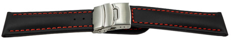 Faltschließe - Uhrenband - Leder - Glatt - schwarz rote Naht 18mm Stahl