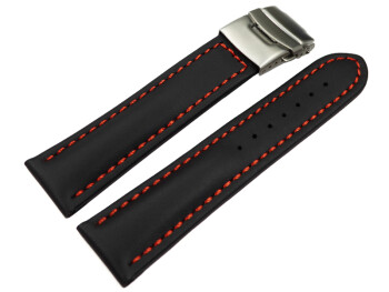 Faltschließe - Uhrenband - Leder - Glatt - schwarz rote Naht 22mm Stahl