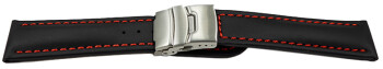 Faltschließe - Uhrenband - Leder - Glatt - schwarz rote Naht 24mm Stahl