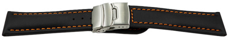 Faltschließe - Uhrenband - Leder - Glatt - schwarz - orange Naht 18mm Stahl