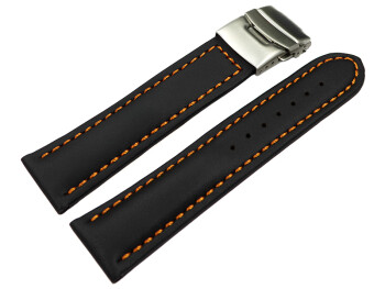 Faltschließe - Uhrenband - Leder - Glatt - schwarz - orange Naht 24mm Stahl