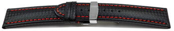 Kippfaltschließe - Uhrenarmband - Leder - Carbon - schwarz - rote Naht 18mm Stahl