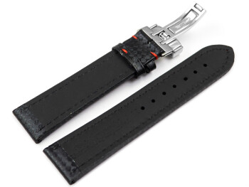 Kippfaltschließe - Uhrenarmband - Leder - Carbon - schwarz - rote Naht 18mm Stahl